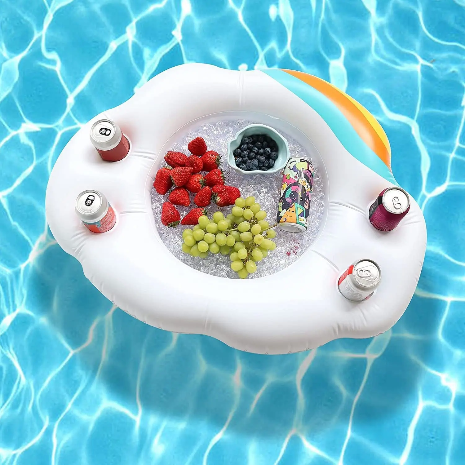 This Inflatable Rainbow Cloud-Shaped Water Bar, Complete with a Four-Hole Ice Tray, Is The Perfect Choice for Pool Parties. Suitable for All Kinds of Summer Water Parties, Including Pool And Beach Events, It Brings More Fun to Family And Friends