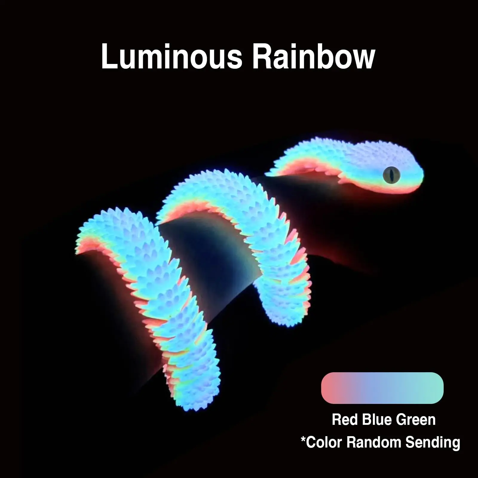 50 Cm 3D Printed Snake, Flexible 3D Printed Animal, Hinged 3D Printed Crystal Python, Glow-In-The-Dark Rainbow, Unique Decorative Piece