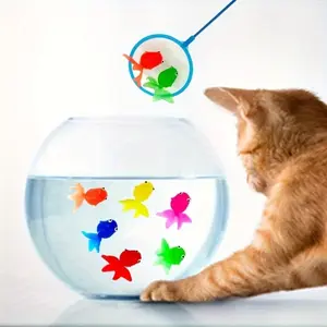 7-Piece Set with Fish Net and 6 Goldfish, Realistic Floating Fish Pet Toy, Cat Interactive Toy, No Battery Required, Random Colors