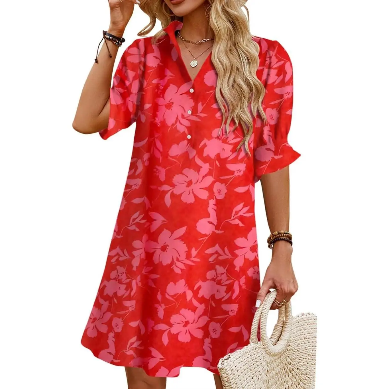 Women's Collared Neck Loose Fit Shift Shirt Dress - Summer Button-Down, Ruffle Short Sleeves, Flowy Swing Mini with Pockets, Outdoor Leisure Apparel