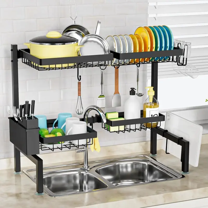 2-Tier 4 Baskets Over The Sink Dish Drying Organiser, 24.8"-35.4" Extensible Adjustable Functional Kitchen Sink Rack with Containers for Space Saving, 2 Tiers 4 Baskets