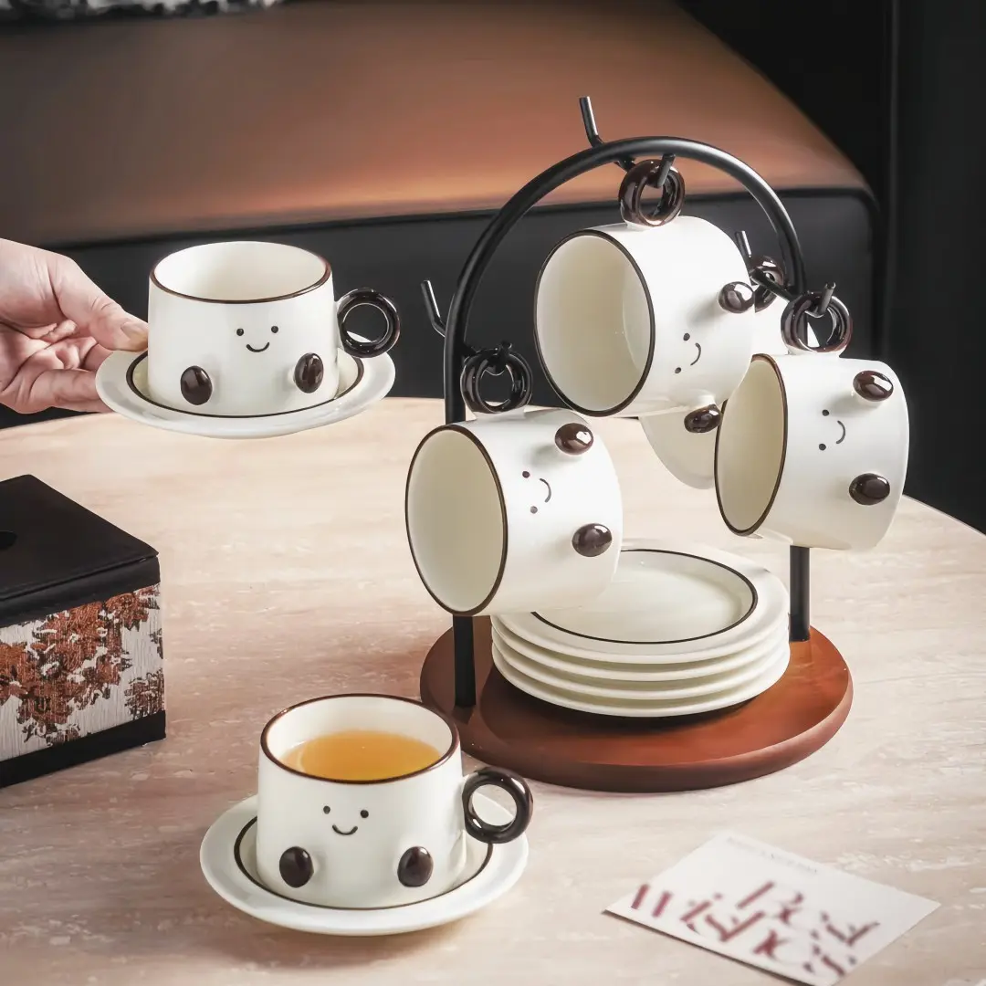 6-Piece Bohemian Style Ceramic Tea Cups and Saucers Set, Stackable Italian Coffee Mugs with Metal Stand, Microwave & Dishwasher Safe, Perfect for Coffee & Tea Bar