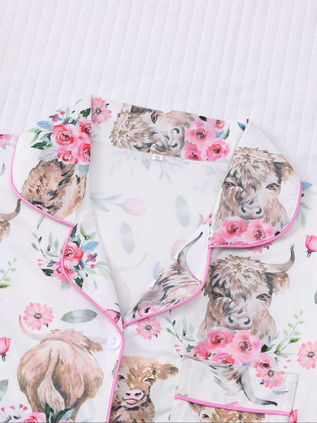 Women's All-Over Cow-Print Contrast-Trim Shirt & Elastic-Waist Shorts Pajama Loungewear Set, Casual Comfy Short Sleeve Collared Top & Shorts PJ Two-Piece Set