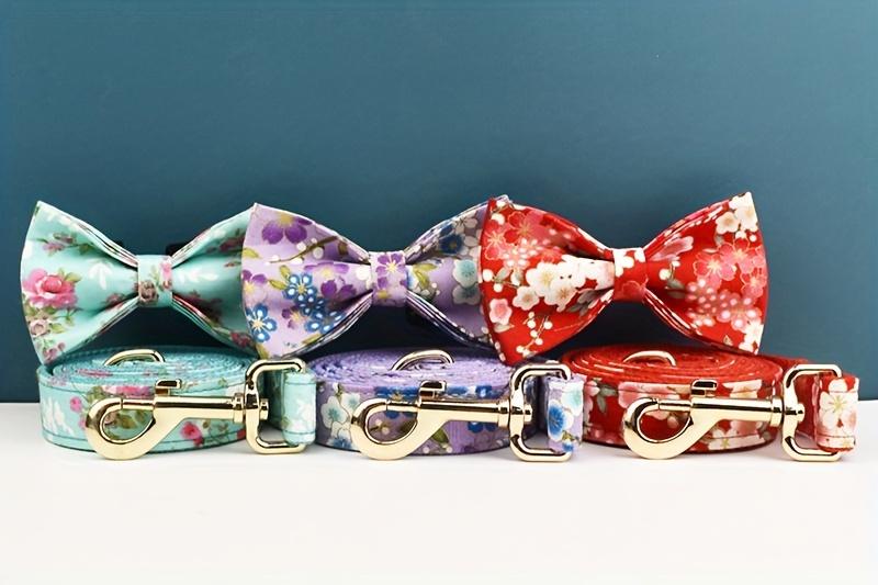 Custom Floral Bow Pet Collar Lead Rope Adjustable Safety And Quick Release Buckle Breathable Polyester Pet Collar Comfort Safety Dog Collar