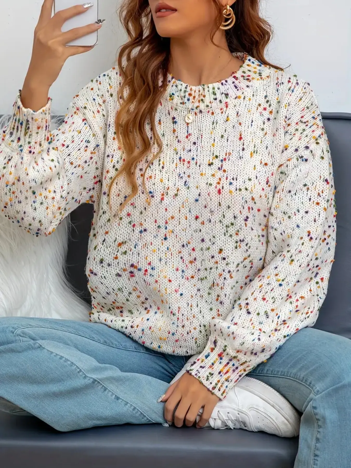 LUNE Space Dye Colorful Polka Dots Shoulder Drop Round Neck Knitted Sweater, Long Sleeve Comfortable Shirt for Women, Trendy Fashion Knitwear for Casual Wear, Loose-Fitting Thick Fabric for Fall Winter