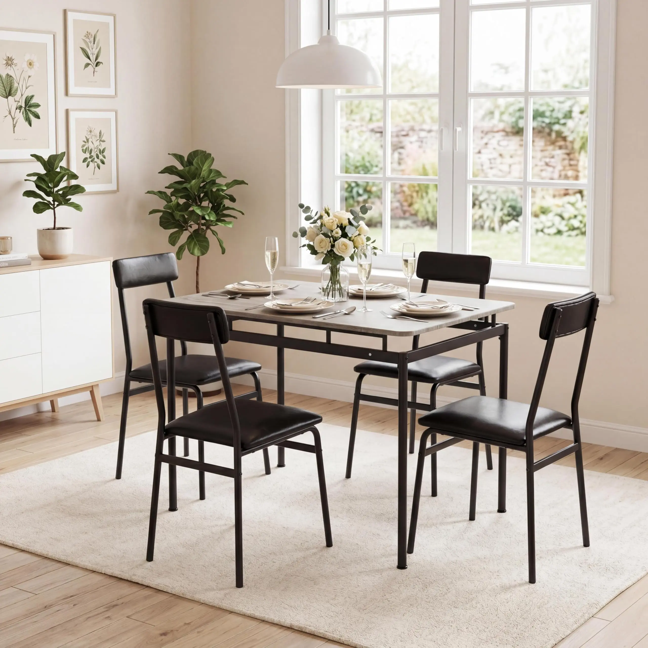 5 Piece Dining Table Set, Wooden Kitchen Table Set with 4 PU Upholstered Chair, Industrial Metal Frame Dinette Set Grey