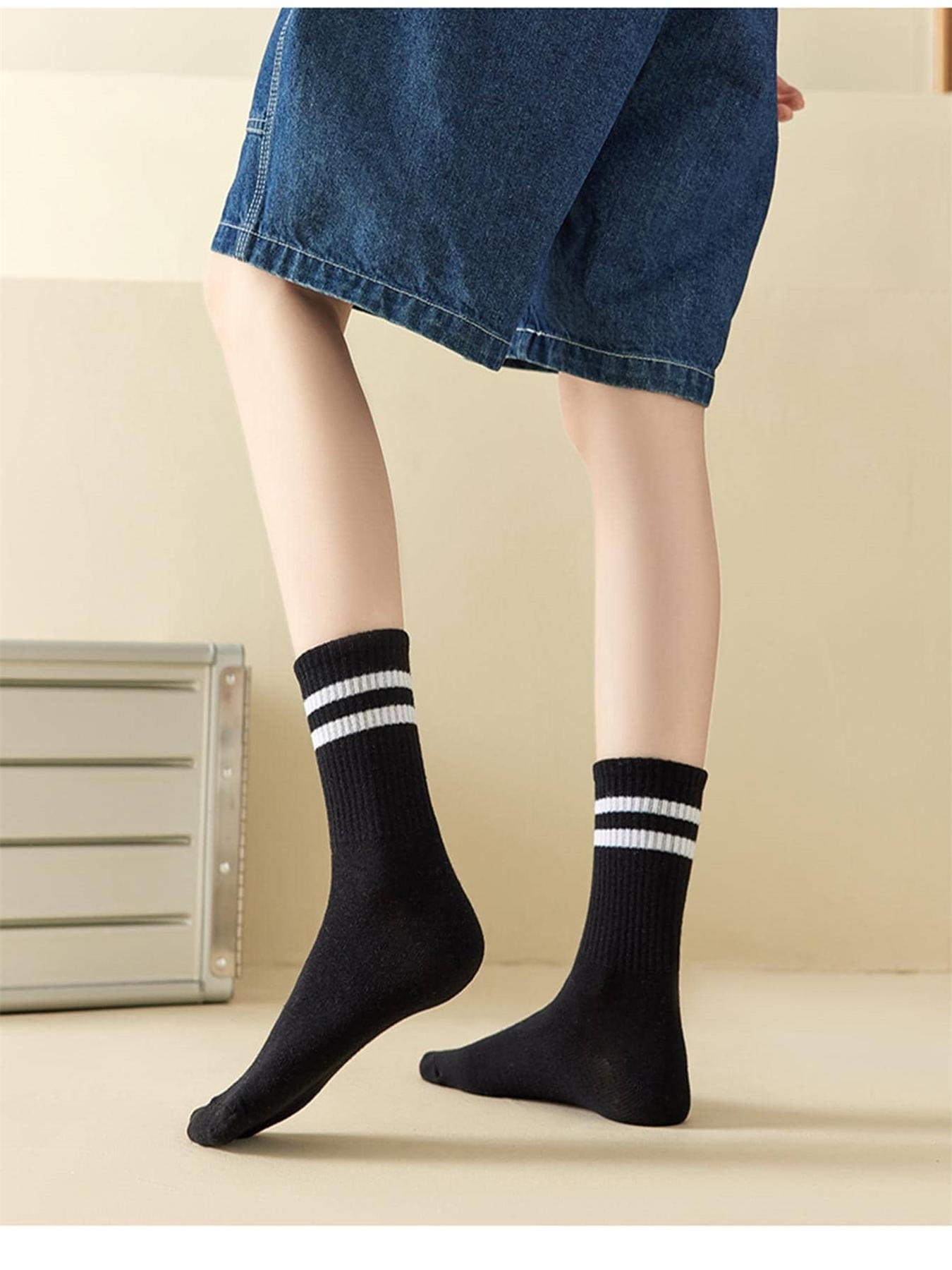 Striped Print Crew Socks, Mid-calf Socks, Athletic Running Socks, Multi-pack Mid Tube Socks, Basic Essential Knit Socks, Versatile Street Style Womenswear