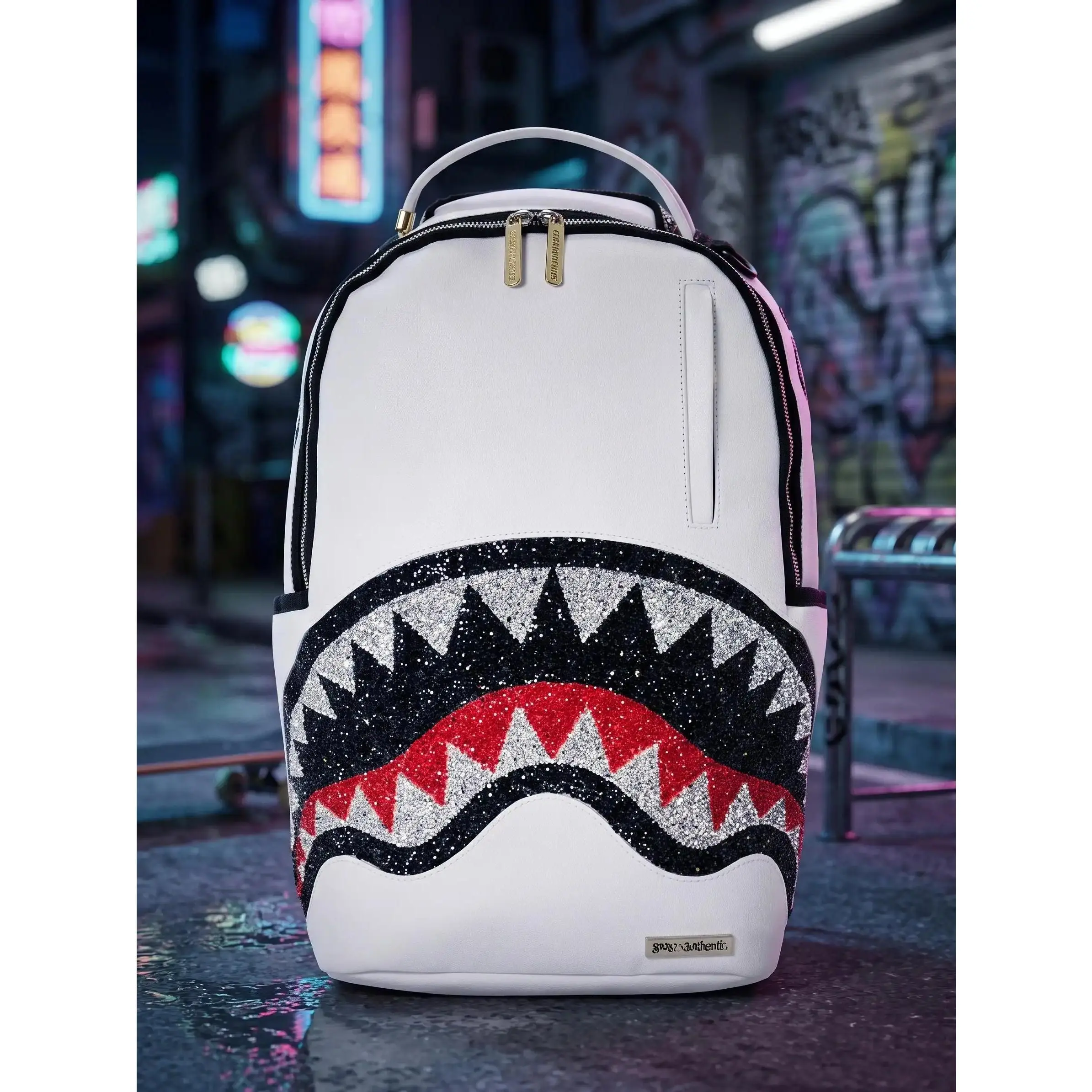 SG White Glitter Rhinestone Shark Mouth Backpack, Crystal Sparkle Streetwear School Travel Bag, Spacious Durable Laptop Daypack for Women Men, Urban Bling Tech Backpack