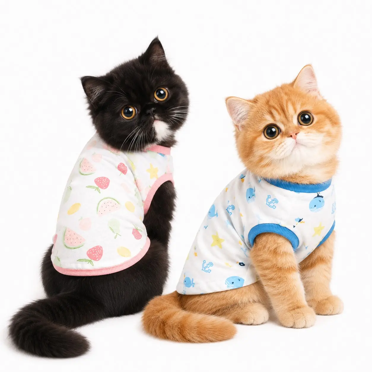 KOOGAL cat clothing, cute fruit-print cat T-shirt, soft cat pajamas, suitable for both kittens and adult cats as an indoor base layer, in pink and blue colors, sizes S-L (2-16 pounds)