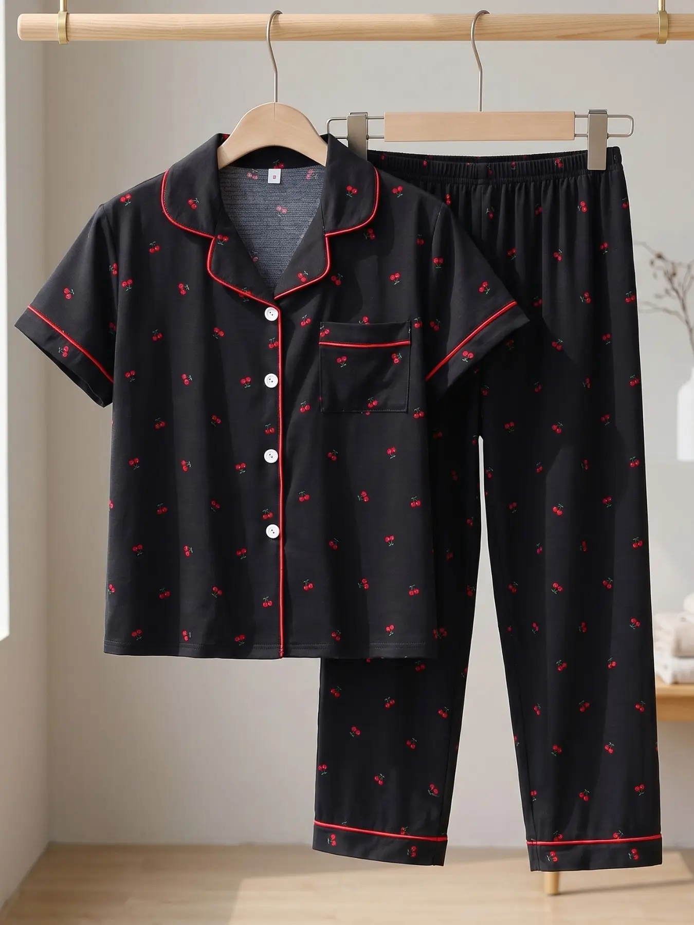 Women's Two-Piece Pajama Set, Short Sleeve Button-Down Shirt and Bow Pants, Casual Home Wear, Loungewear, Cherry Print, All Seasons