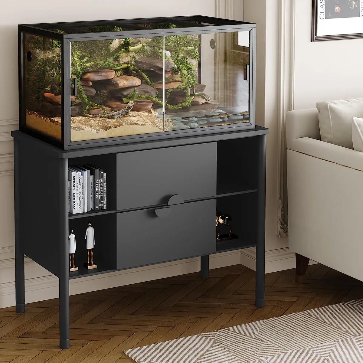 120 Gallon Reptile Terrarium 48"x24"x24", Large Tempered Glass Bearded Dragon Enclosure with Sliding Door, Stackable Lizard Snake Habitat Tank with Metal Mesh Top Ventilation Premium Aluminum Alloy Frame