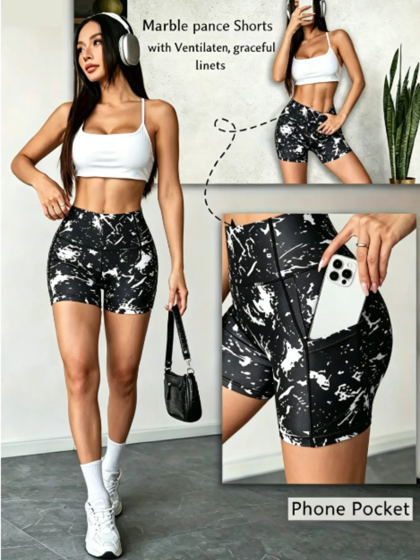 Summer New Marble Pattern High Waist Gym Shorts for Women, Ink Print Yoga Fitness Running Cycling Pants with Pockets, Slimming Breathable Casual Five-Quarter Pants
