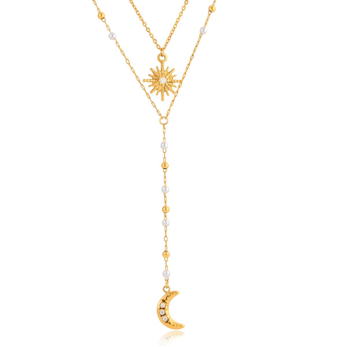 Sun & Moon Pendant Necklace, Double Layer Pearl Choker, Anti-Tarnish