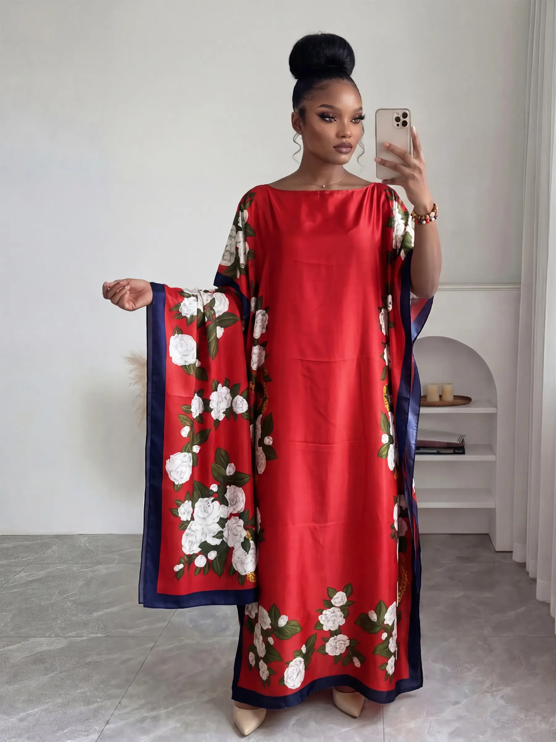 Elegant Floral Print Kaftan Set, Women's Beach Cover-Up with Sun Protection, Matching Shawl or Headband, Fashionable Summer Wear