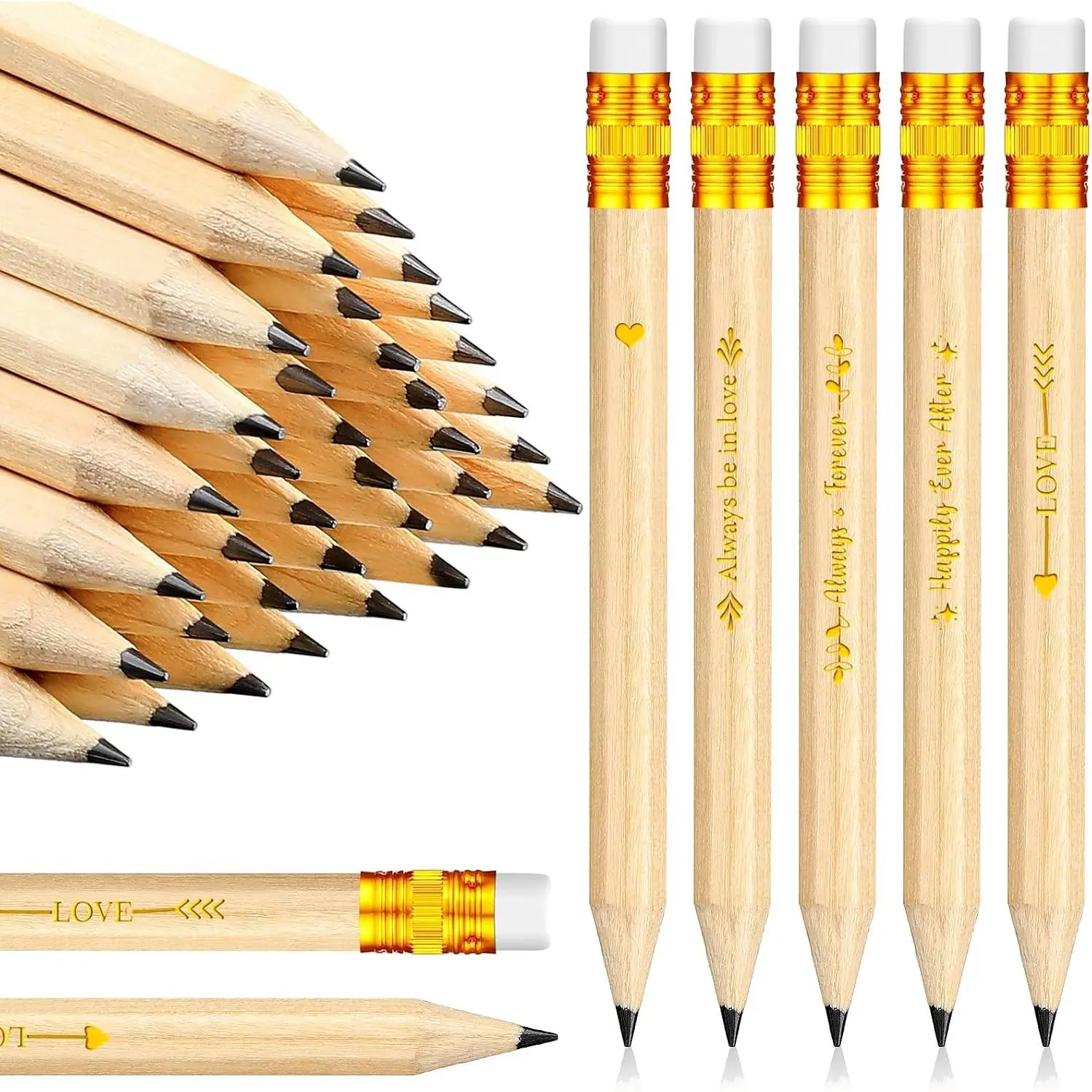 50 count Bridal Shower  Pencils Golf Pencil Yellow for Wedding | Mini Pencil Pre Sharpened Wedding Short Pencils with Eraser, 4 Inch for Wedding Church& Party Favors, 5 Style
