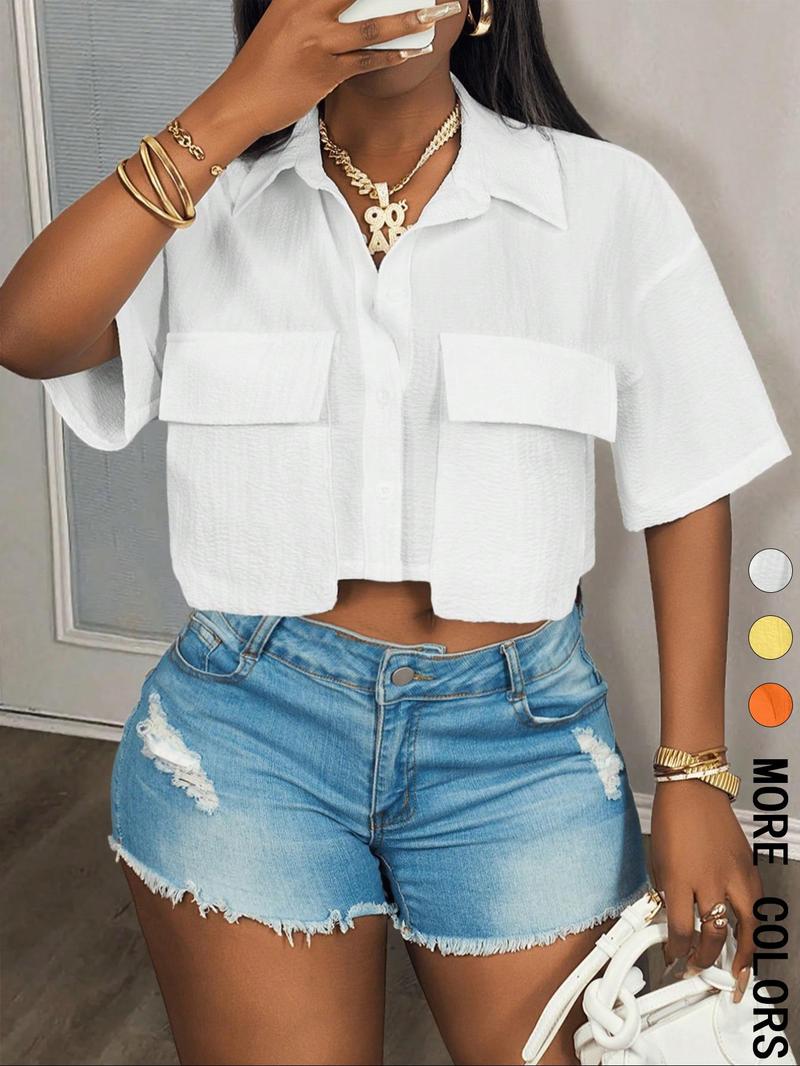 Women's Solid Color Short Sleeve Shirt, Casual Elastic Pocket Design Crop Top for Summer, Women's Clothing for Daily Wear, Casual Comfy Shirt