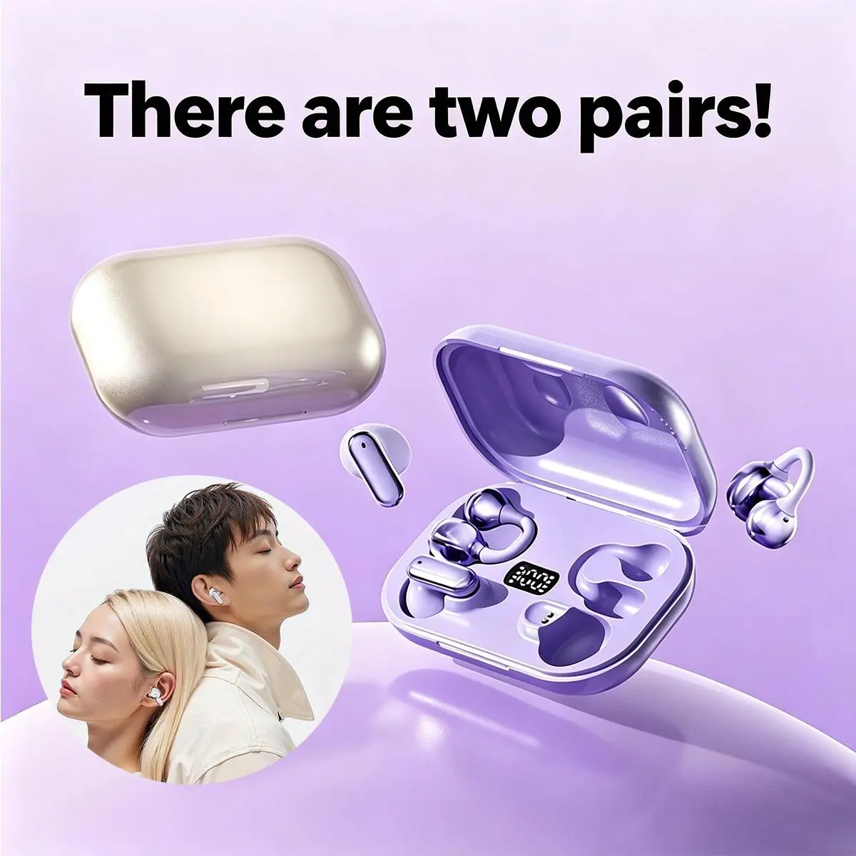 Two Pairs Couple Wireless Earbuds, Bluetooth 5.4 Dual Style In-Ear & Open Ear Clip On Earphones with LED Digital Power Display, Stereo Sound Sport Headset for Gaming, Music, Daily Listening & Holiday Gift