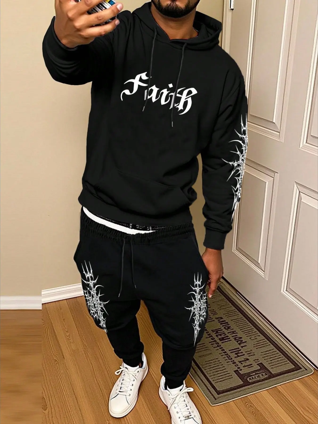 Men Gothic Faith Letter Thorn Spider Web Print Hoodie Tracksuit, 2 Piece Set, Streetwear, Loose-Fitting, Drawstring Jogger Pants