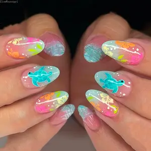 24Pcs Reusable Press On Nails Kit Includes Jelly Glue And Nail File Almond Shaped Ocean Blue Cute Sea Turtle Waves Tropical Flowers Coconut Girl Beach Vibes Nails Salon Quality Long Lasting Comfortable Fit Easy To Apply For Women