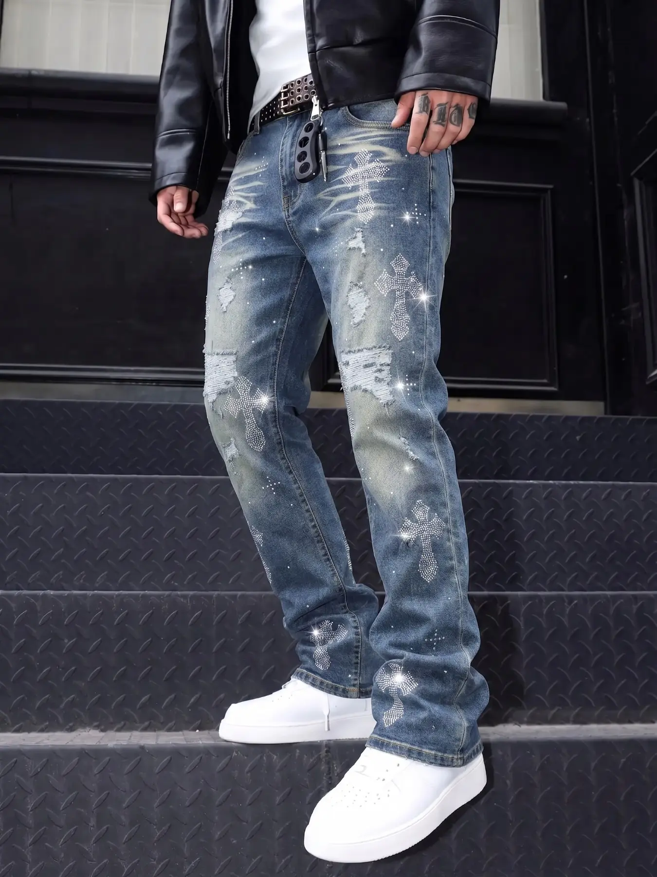 American High Street Rhinestone Crosshole Microflare Jeans, Vintage Wash Gradient Straight Leg Pants, Trendy Streetwear Embellished Slim Long Pants
