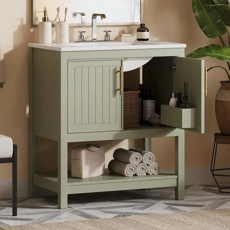 30-Inch Green Bathroom Vanity With Ceramic Sink And Versatile Storage - Ideal Bathroom