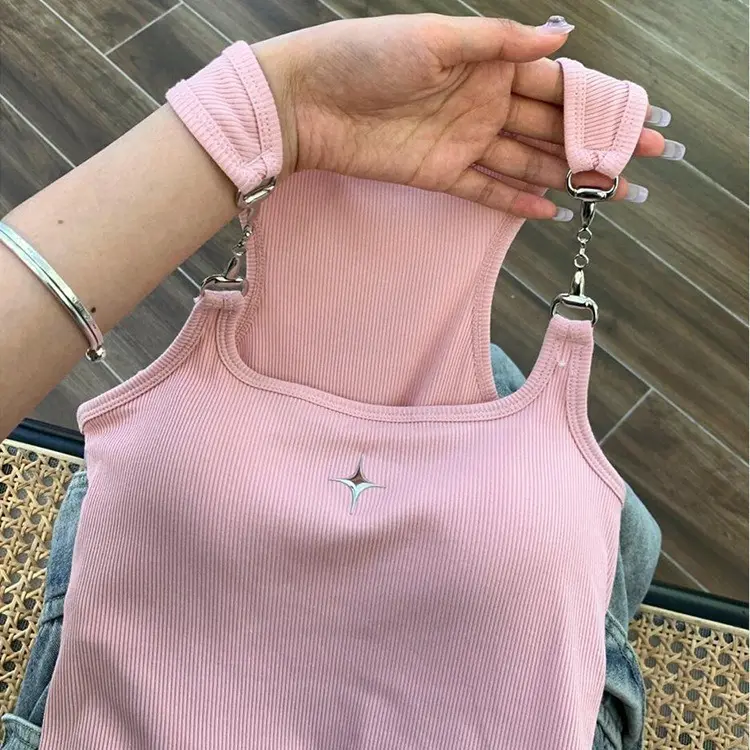 Women's Padded Crop Top, French Style Backless Camisole with Chain Straps, Casual Sleeveless Basic Layering Top, Short