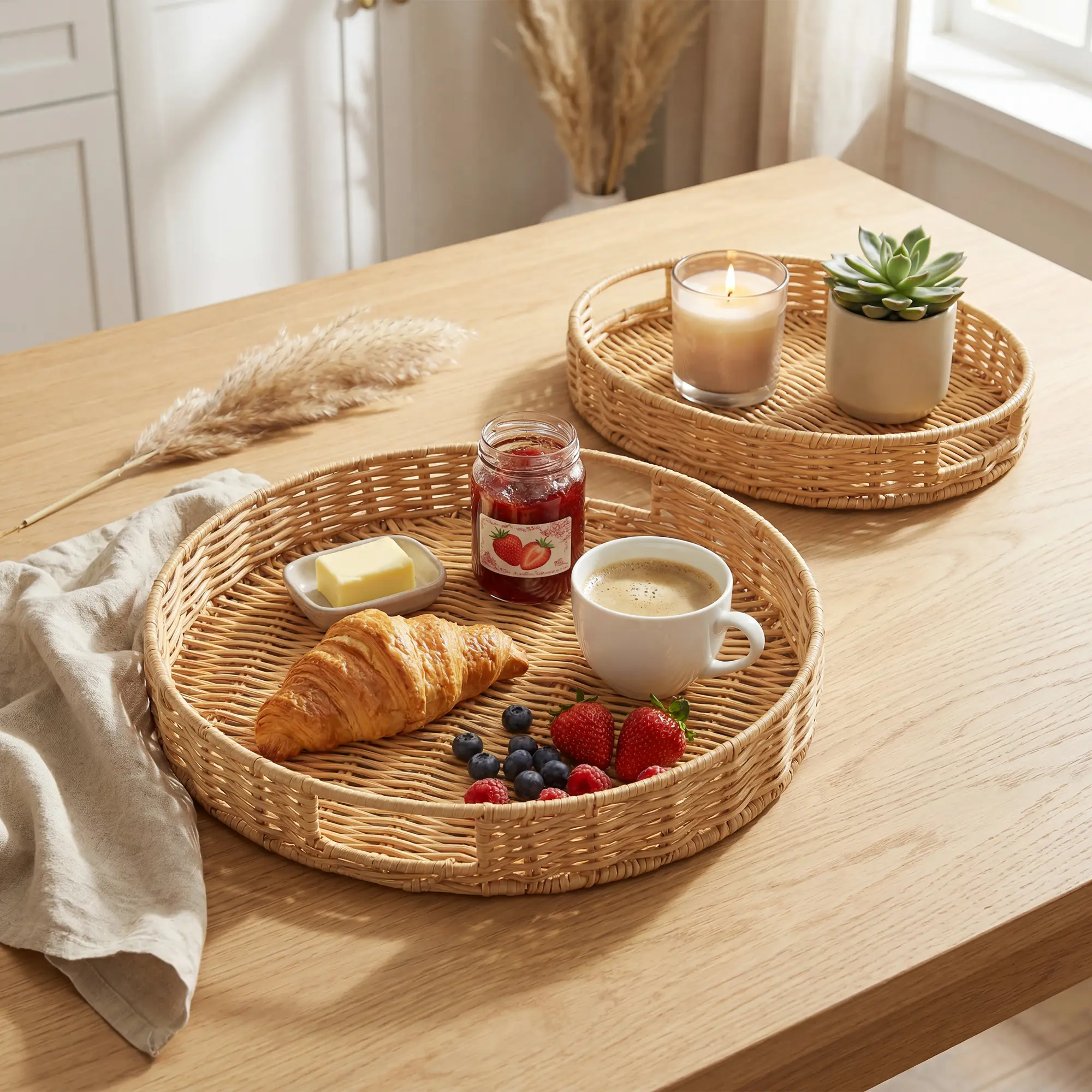 2 Pack Round Rattan Serving Tray with Handle, Hand Woven Wicker Basket