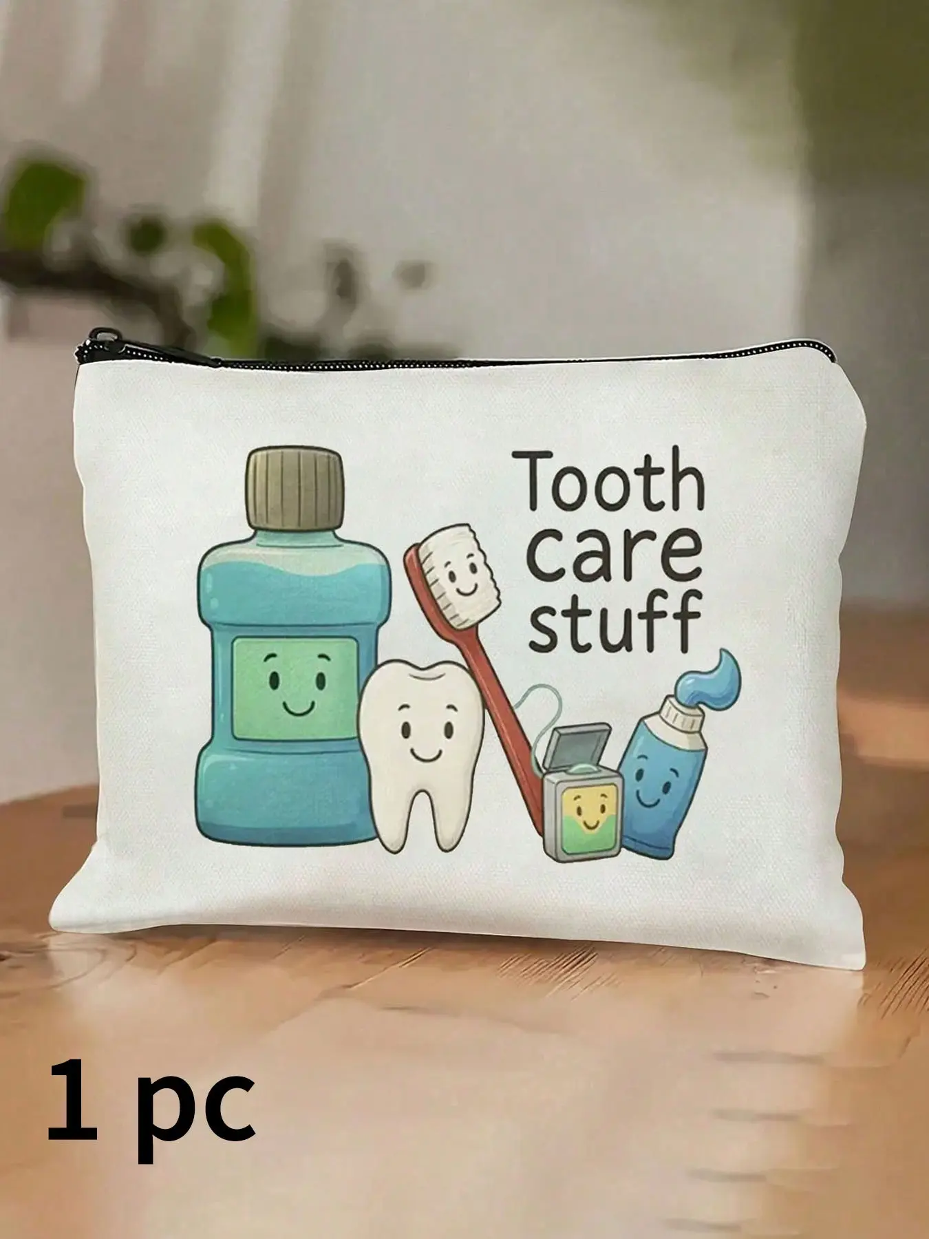 Funny Print Makeup Bag, Tooth Care Travel Organizer, Canvas Pouch with Brush and Paste Prints, Unisex, Ideal Office Gift
