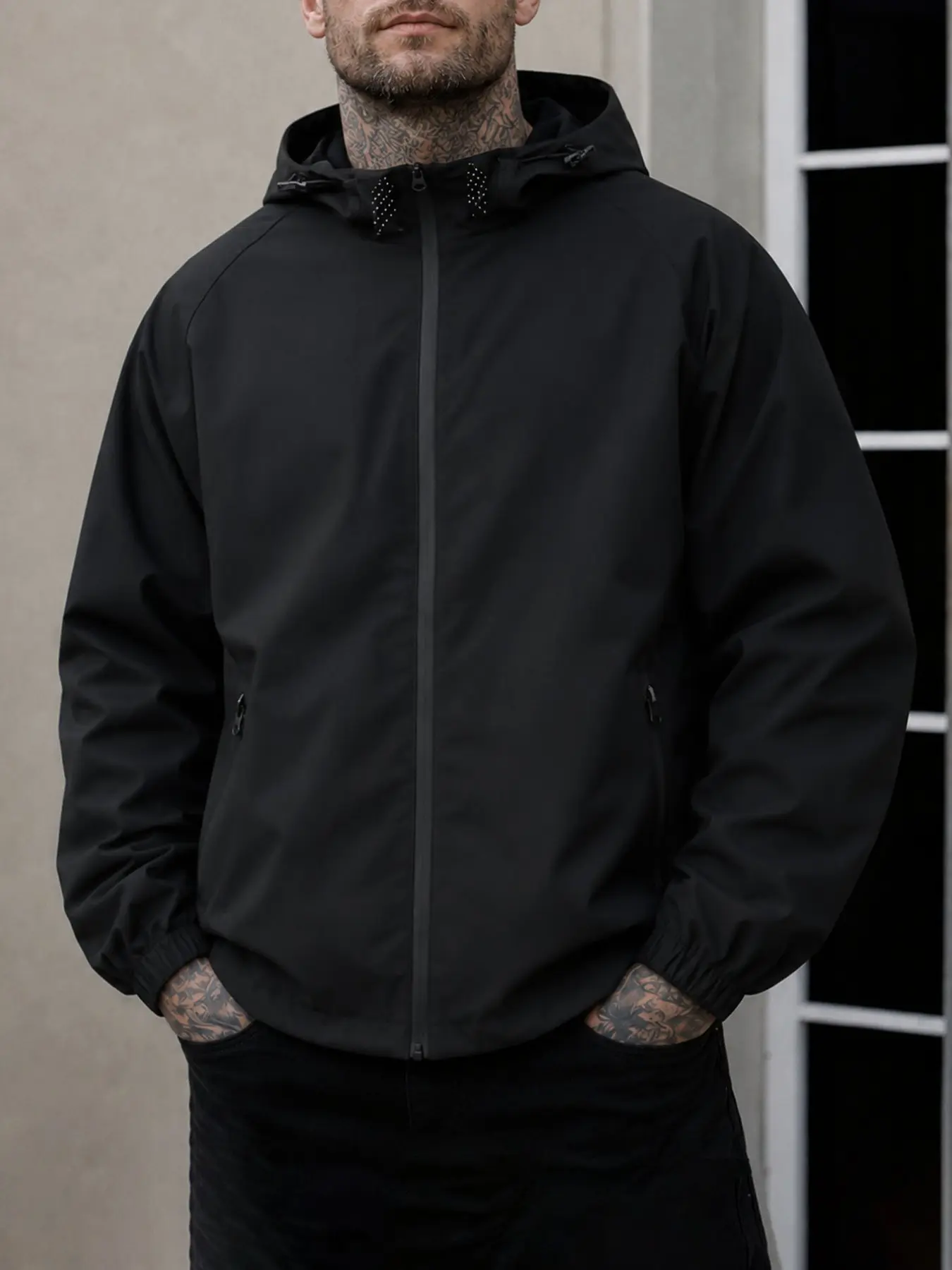 Men's Solid Color Hooded Zipper Jacket, Shoulder Padded Elastic Waist Side Zip Pocket Casual Outerwear, Stylish and Comfortable Design