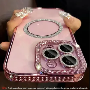 Sparkling Rhinestone Magnetic Protective TPU Shockproof Phone Case Protector Casing for iPhone 17 Air/16/15/14/13/12/11 Plus/Pro/Max, Anti-Drop Shockproof Protection Fashion Phone Cover for Women