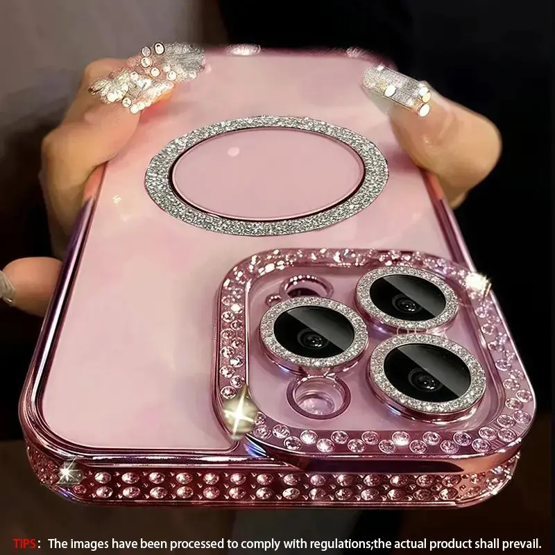 Sparkling Rhinestone Magnetic Protective TPU Smartphone Cover Shockproof Phone Case Protector Casing for iPhone 17 Air/16/15/14/13/12/11 Plus/Pro/Max, Anti-Drop Shockproof Protection Fashion Phone Cover Protective Cellphone Casing for Women