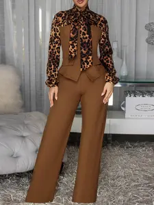 Women's Elegant Two-Piece Set, Leopard Bow Blouse and Solid Color Pants, Casual Sexy, Slight Stretch Fabric, Perfect for Fashion Occasions