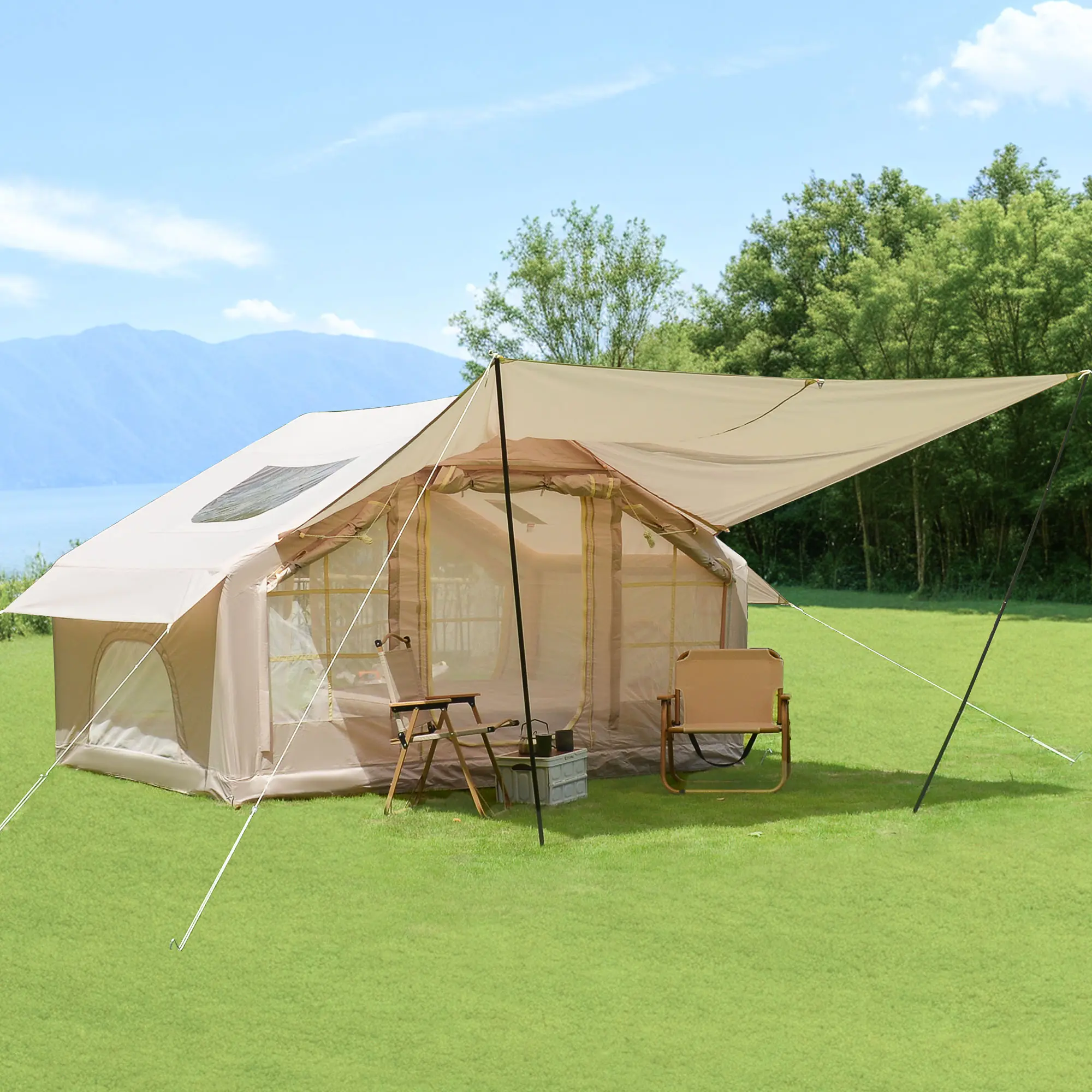 ARCH Inflatable Camping Tent with Awning 4 Season Waterproof Windproof 420D Oxford Fabric Clear Skylight Mesh Windows Doors for Family Camping Beach Backyard Festival 6.3m² Beige, Beige Color Options, oxford fabric Material, Product Dimensions:
