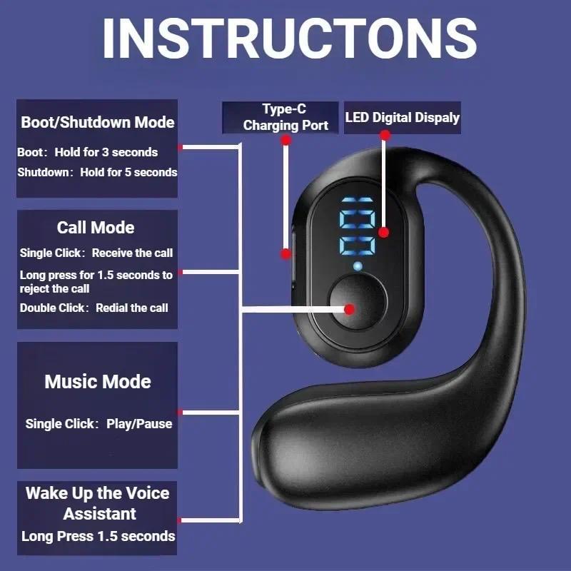 Wireless Earphones Air Conduction OWS Headphone HiFi Ear-Hook Music Sports Noise Cancel Headset For All Smartphones