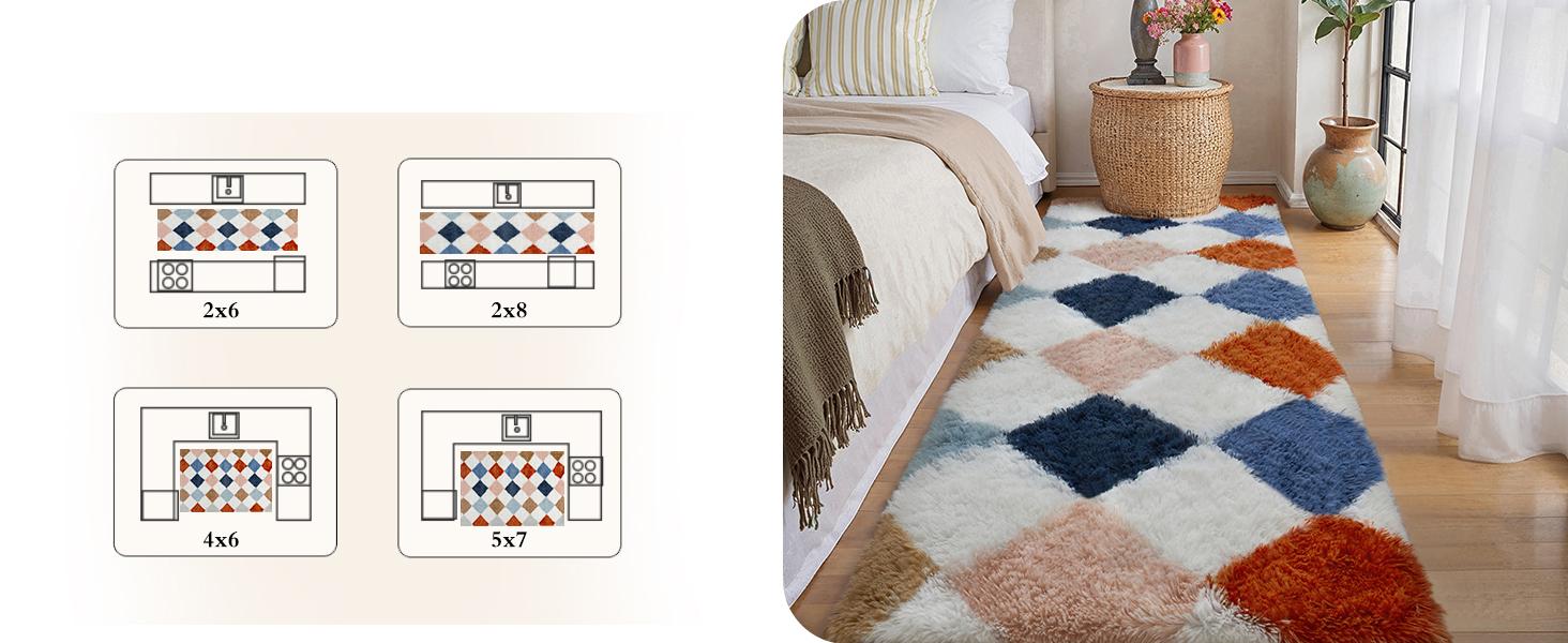 8x10 Checkered Rug for Living Room Soft Shag Area Rug Bedroom Plush High Pile Non Slip Fuzzy Carpet for Home