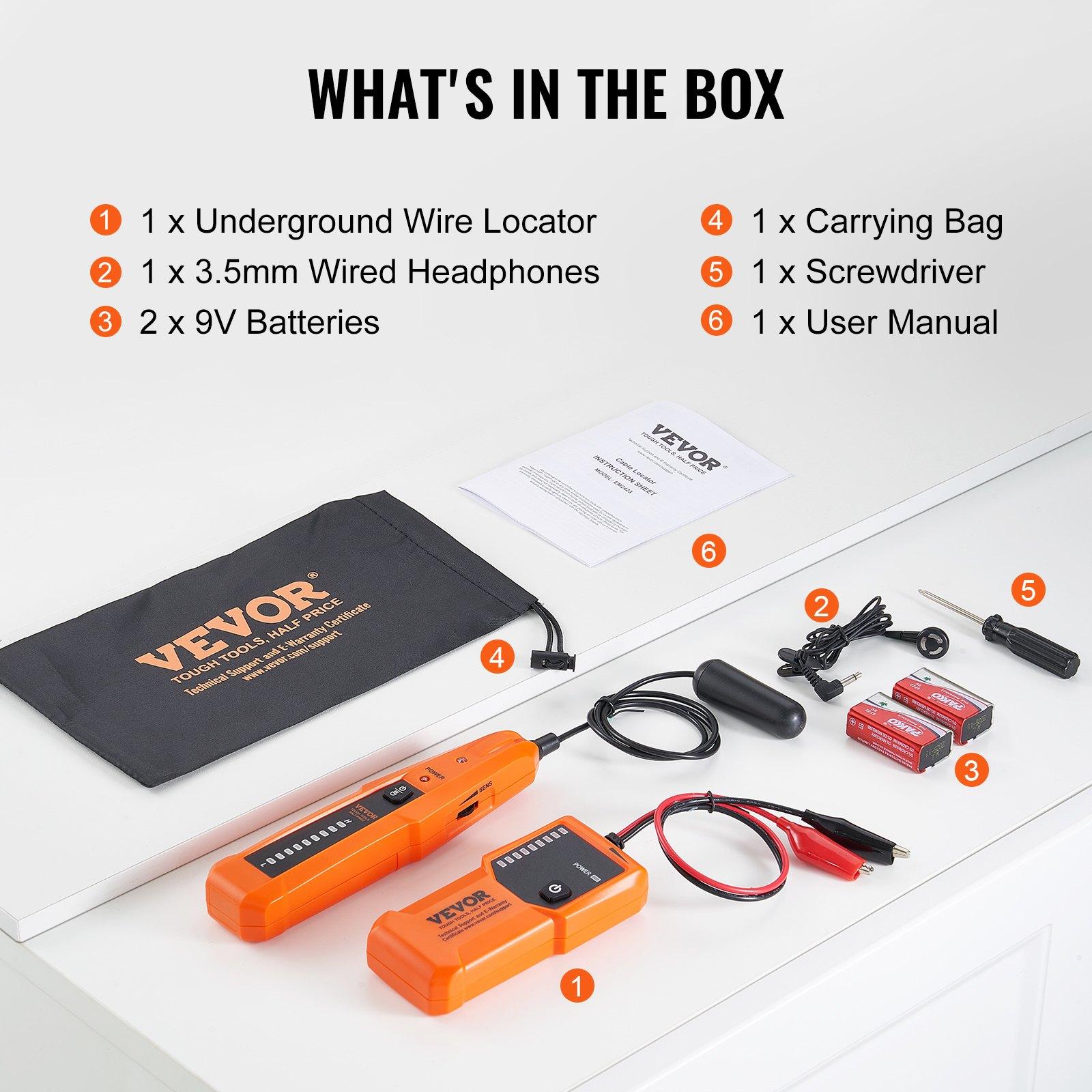 VEVOR Underground Cable Locator, 3 FT Max. Detection Depth, Wire Tracer Break Detector Finder with Earphone, 1000 FT Max.Detection Length Cable Tester for Pet Fence Buried Sprinkler Valve Irrigation