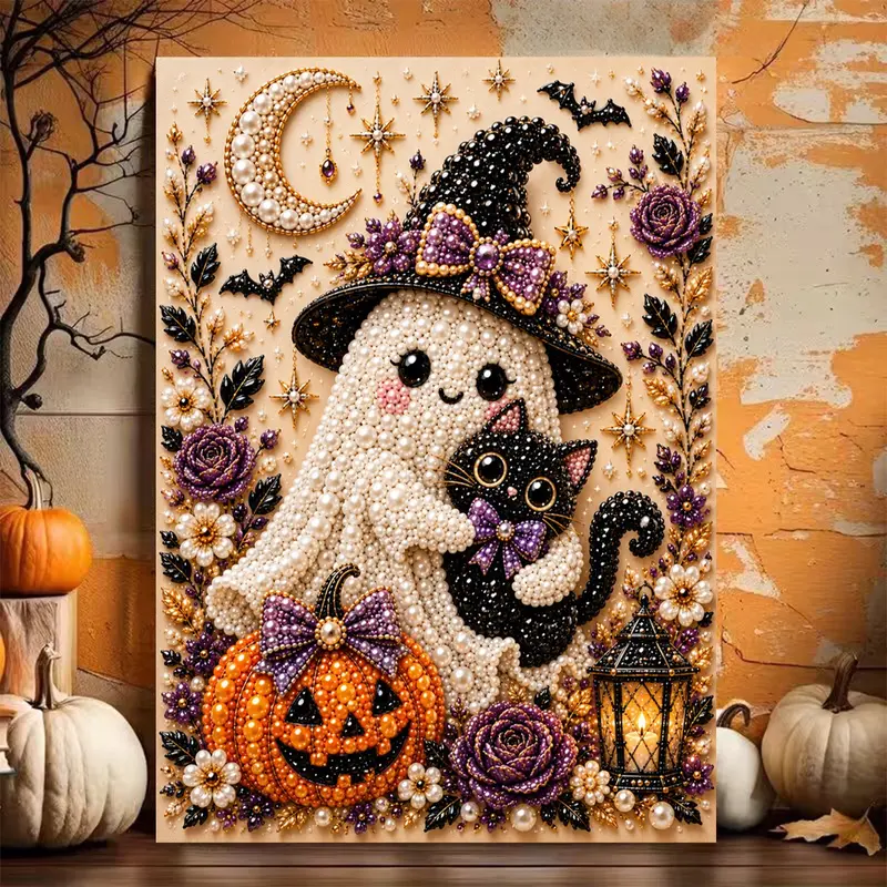 Halloween Ghost Pearl Art DIY Kit, Cute Lantern Ghost, 5D Diamond Painting Craft, Adult DIY Fall Home Decor Wall Art, Frameless, Diy Handmade Crafts