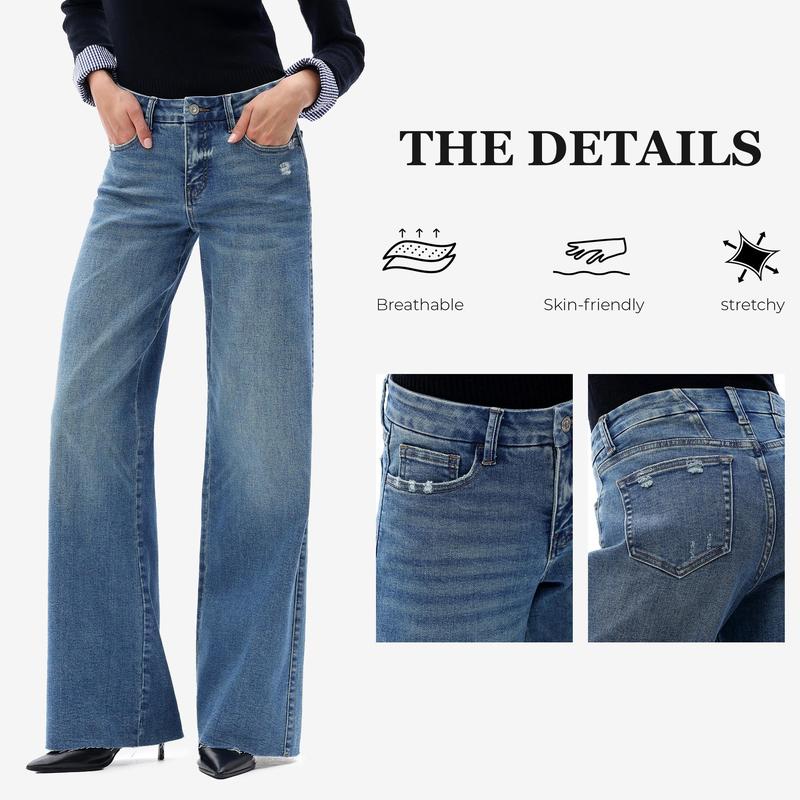 ONESO Mid-Waisted High Stretchy BBL Wide Leg Baggy All Season Jeans Tummy Control Outdoor Indoor Distressed Denim Pants Woman Soft Bottom Comfortable Denim Jeans Plus Size Regular Size