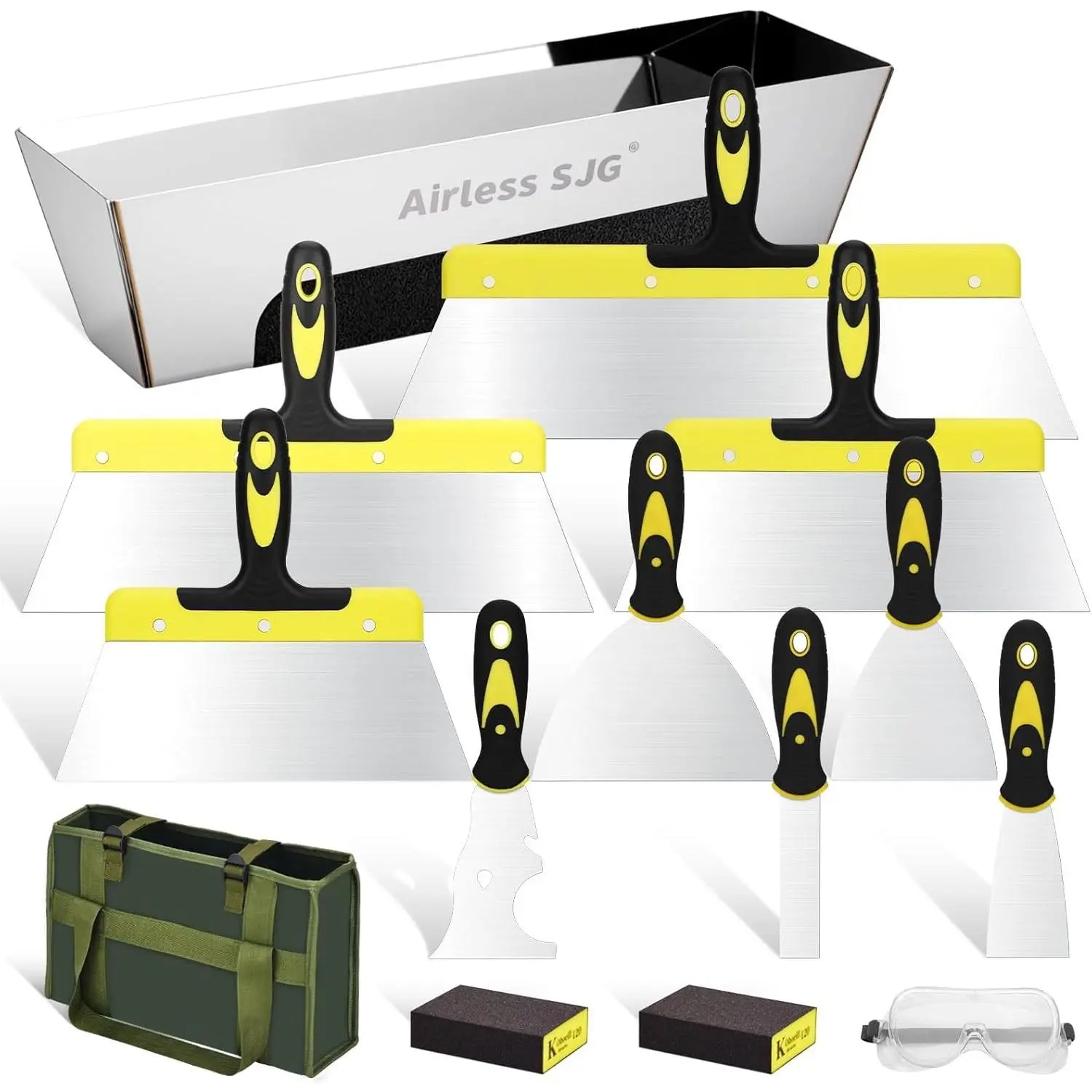 14PCS Drywall Knife Set, Hand Tool Kit Include Stainless Steel Putty Knives, Taping Knives, Painter Scraper, 14" Drywall Mud Pan, Oxford Carry Bag & Sanding Block, Spackle Tools for Home