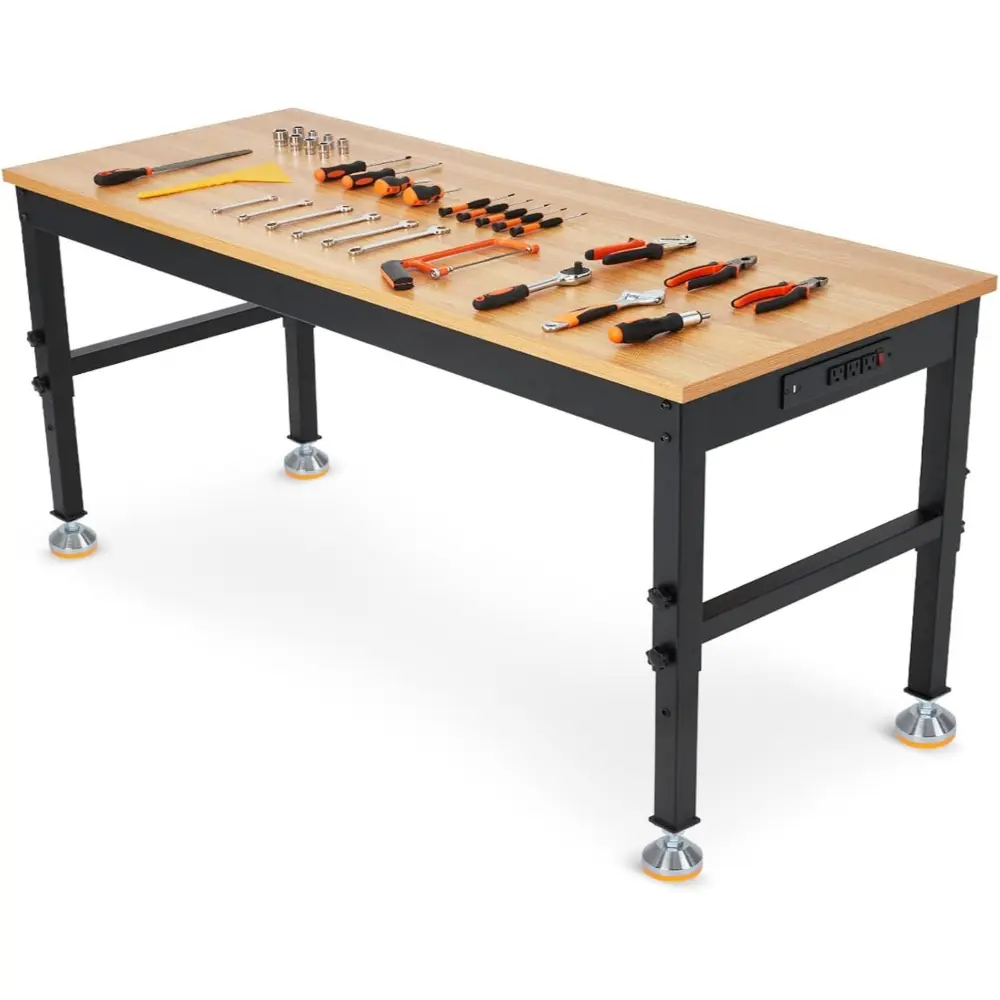 72-Inch Heavy-Duty Adjustable Workbench, 2500 lbs Load Capacity Rubberwood Tabletop, Built-In Power Strip (1 Type-C Port, 1 USB-A Port, 3 Standard AC Outlets), Locking Casters & Pegboard Kits for Garage, Workshop Setup