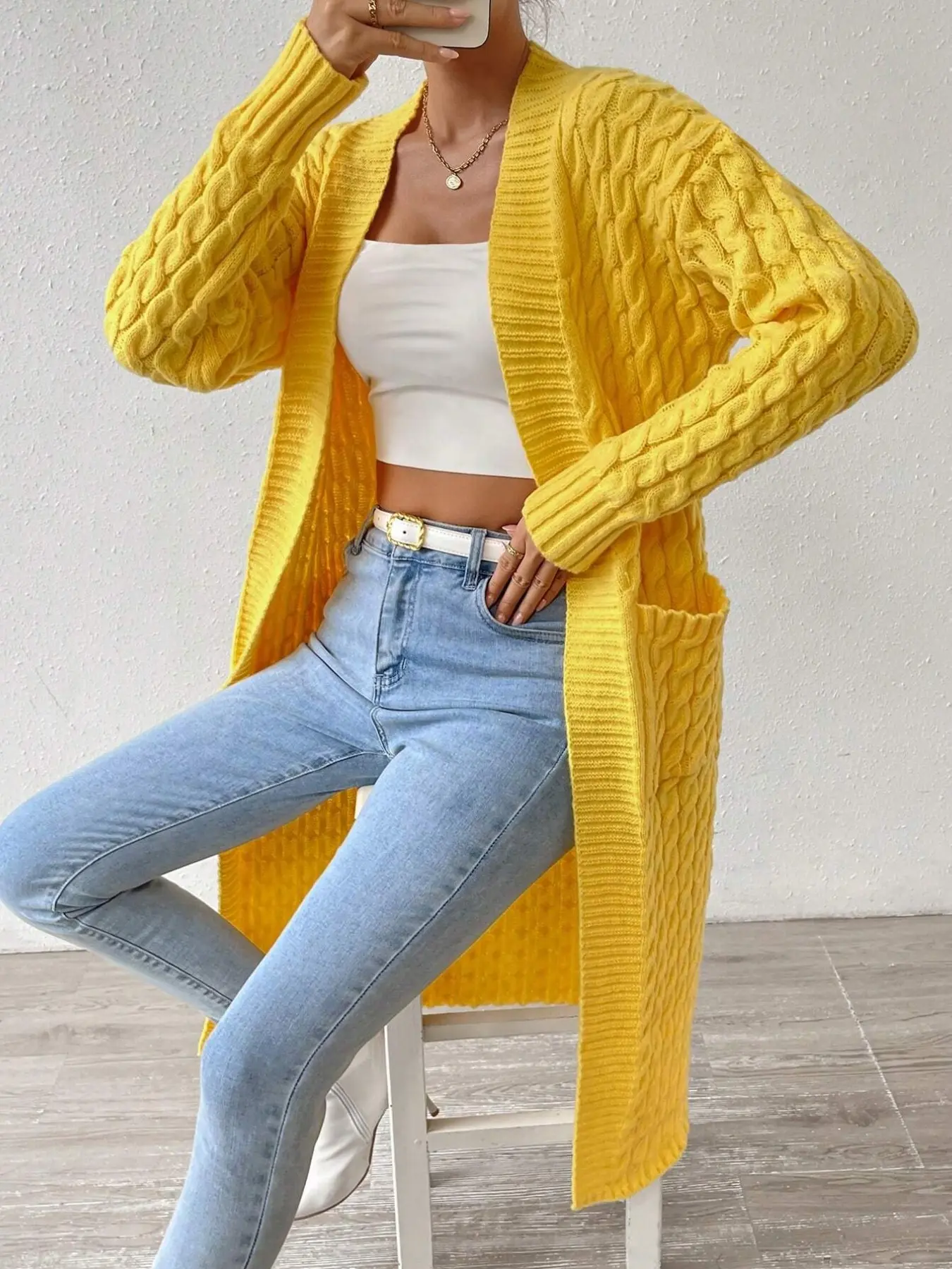 Trendy Knit Long Sleeve Open Front Sweater, Casual Drop Shoulder Design with Pockets, Perfect for Layering and Everyday Wear
