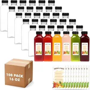 108 count 16oz Empty Plastic Juice Bottles with Caps, Plastic Water Bottles with ,  Clear Bulk Beverage Containers for Juice, Milk and Other Beverages