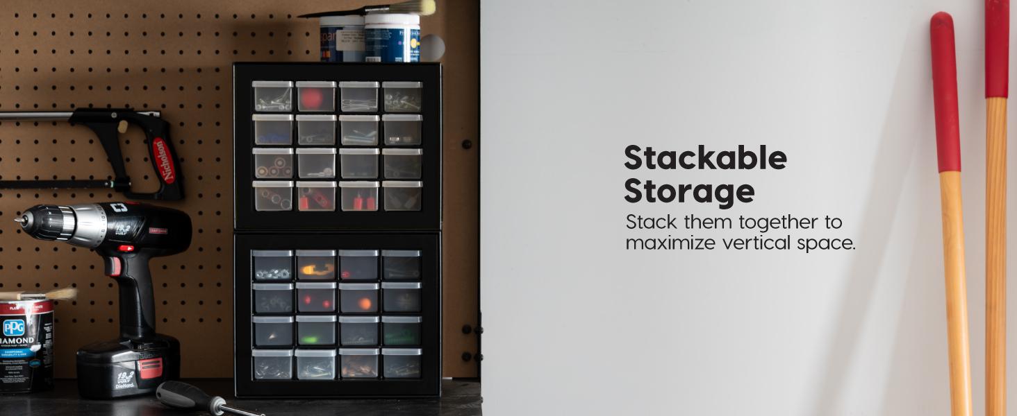 Screw Tool Organizer Small Parts Cabinet, 44-Drawer, Electronics Hardware Nuts and Bolts Plastic Storage Drawers Garage Storage, Stackable Bead Craft Organizer Building Bricks Sorter, Black