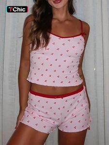 women's cherry print contrast binding pyjama set, cute casual fit adjustable spaghetti strap crop cami top & shorts set, summer sleepwear set for women, sleepwear for women, womenswear, women's underwear & sleepwear
