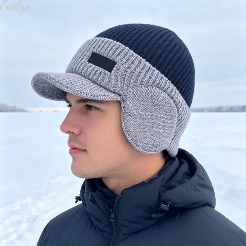 2-Tone Knit Visor Beanie Hat for Men - Microfiber Cotton Ear Flap Winter Headwear, Soft Warm Lightweight Brimmed Trapper Cap for Cold Weather Ski & Daily Commute, Beanie With Visor