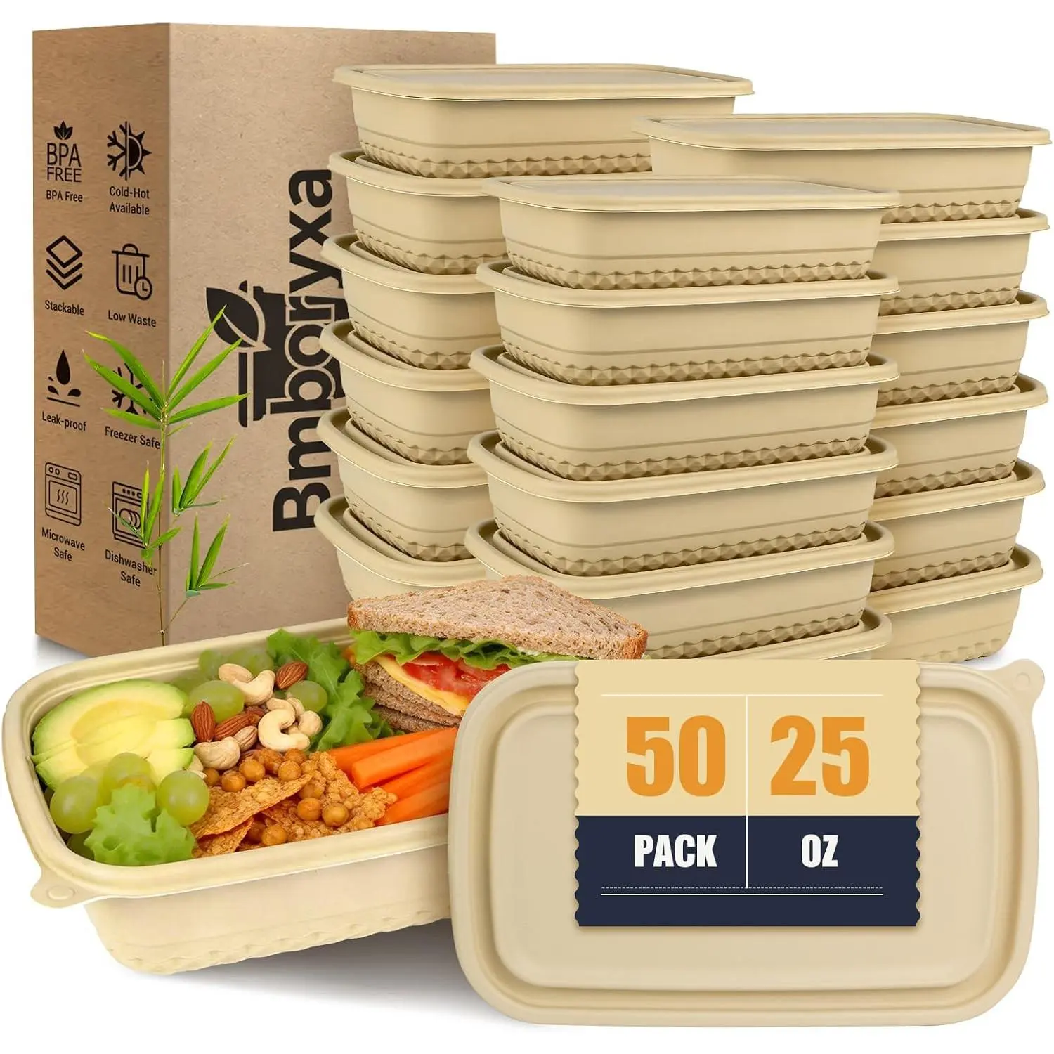 50Pack Meal Prep Containers  with , 25oz -  Containers for Lunch Portion Control To Go Takeout Party Supplies, Safe for Microwave Freezer Dishwasher