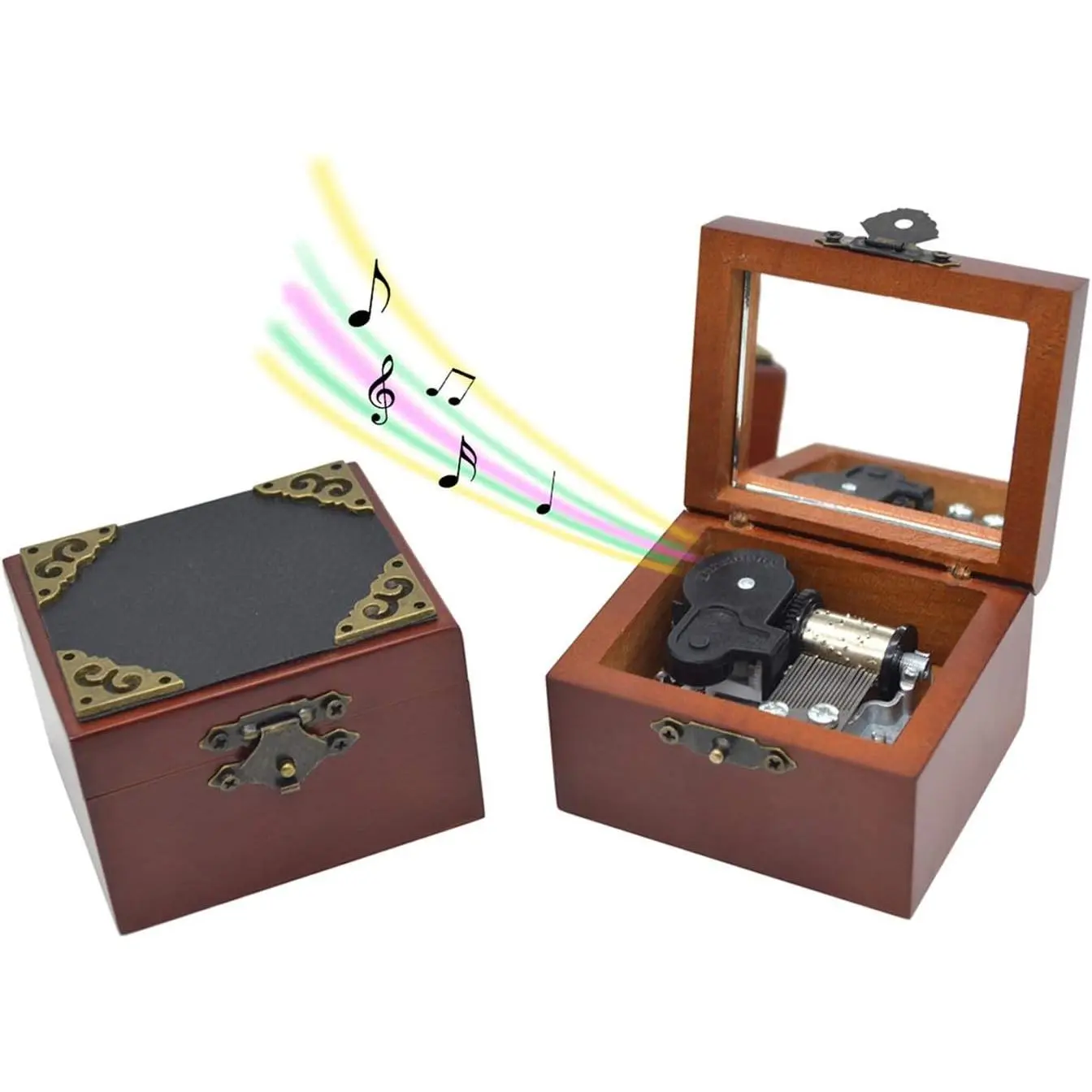 Vintage Wind Up Music Box with Mirror and Clockwork Mechanism, Plays You Are My Sunshine, Wooden Classic Musical Gift