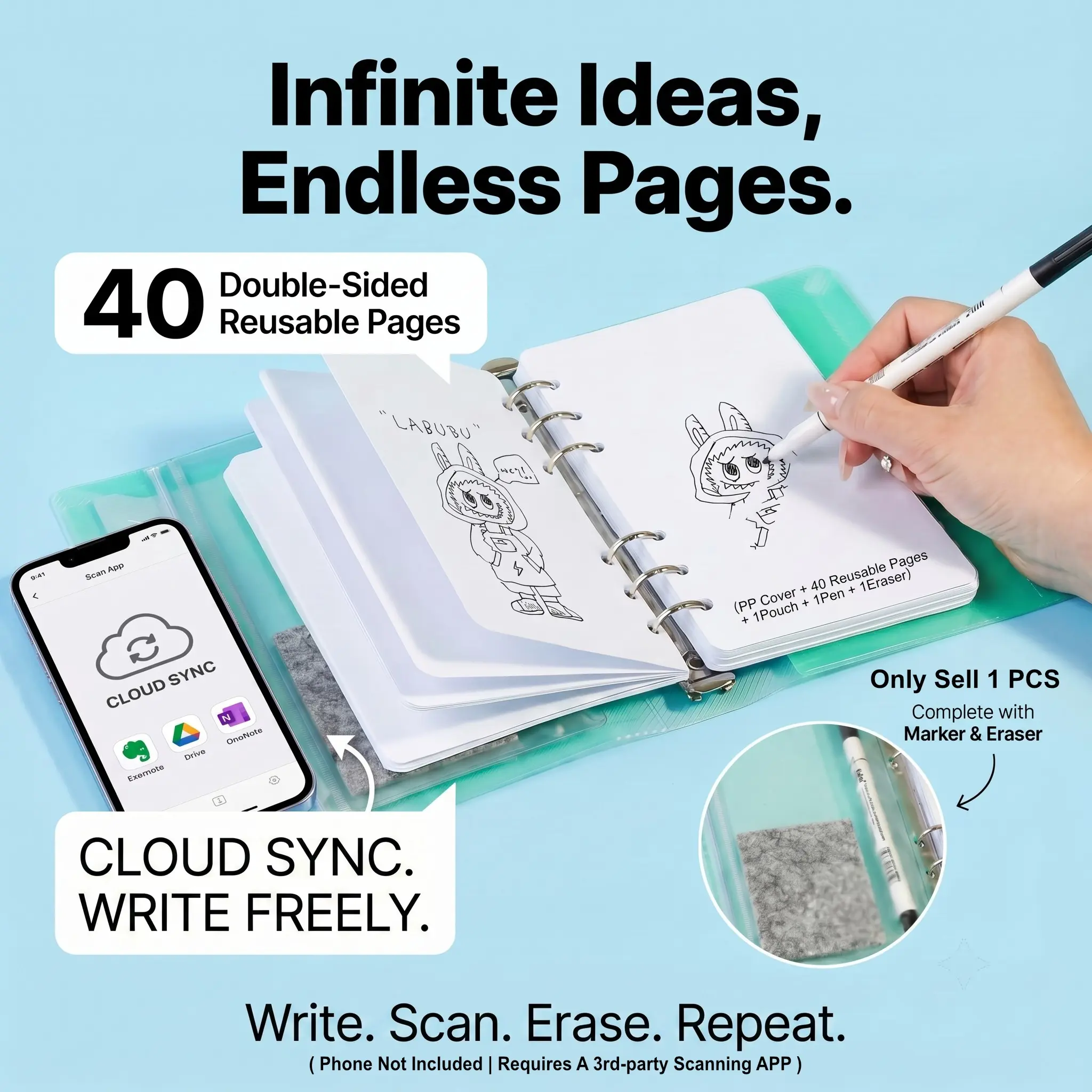40-Page Portable Erasable Whiteboard Notebook,Writable Notepad| A6 Reusable Desk Memo Set w/ Pen & Bag | Ideal for Office, Designers & Students