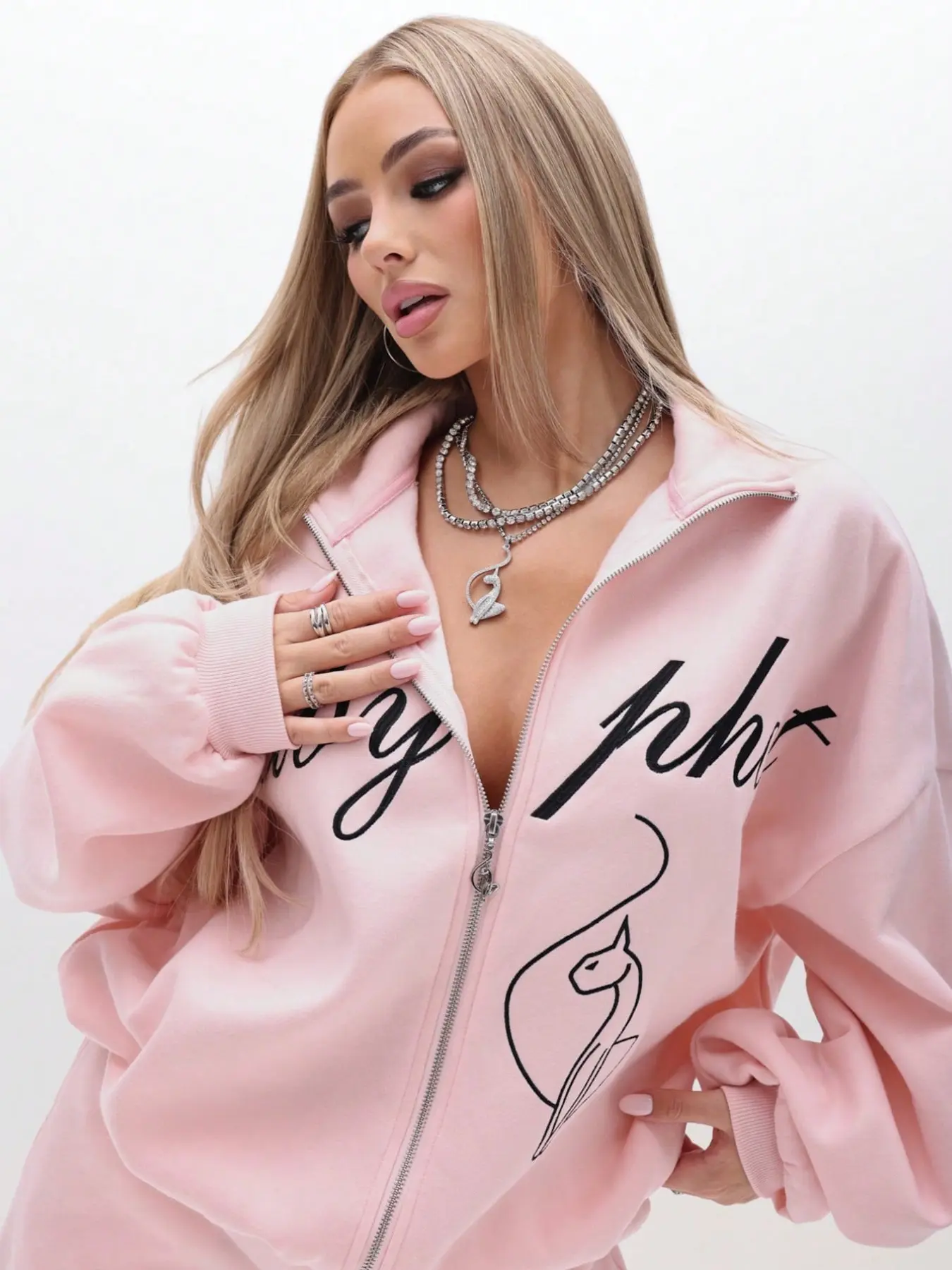 Plus Size Women's Y2K Zipper Print Hoodie Jacket, Spring Fall Fashion Casual Waist Cinch Letter Print Comfortable Sweatshirt, Daily Commute Party Home Wear
