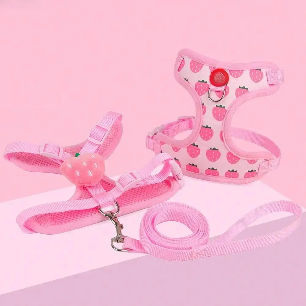 Cute Strawberry Print Mesh Pet Vest Harness and Leash Set, Adjustable Escape-Proof No-Choke Walking Harness for Cats, Puppies, Rabbits and Other Small Animals